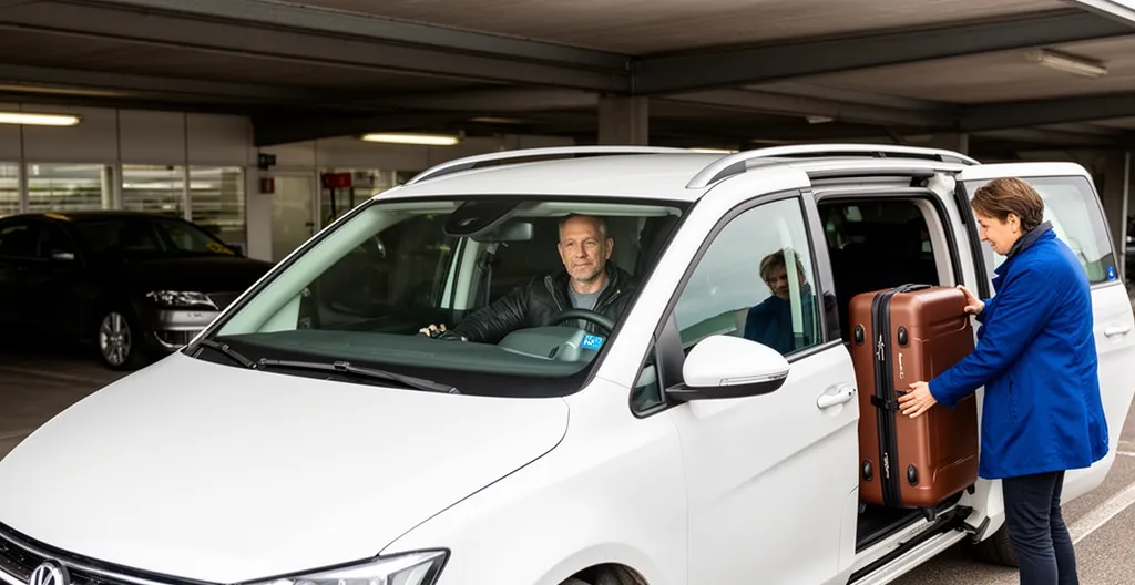 Navette de parking aéroport prenant en charge des voyageurs avec bagages