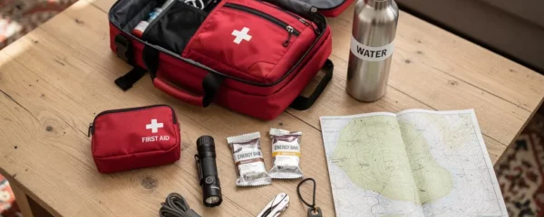 Contenu d'un sac d'évacuation 72h étalé sur une table en bois