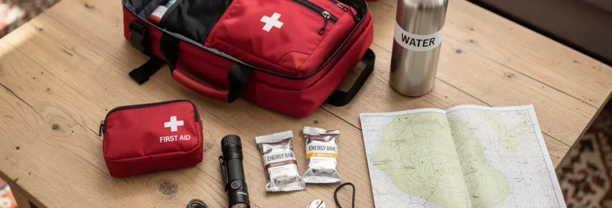 Contenu d'un sac d'évacuation 72h étalé sur une table en bois