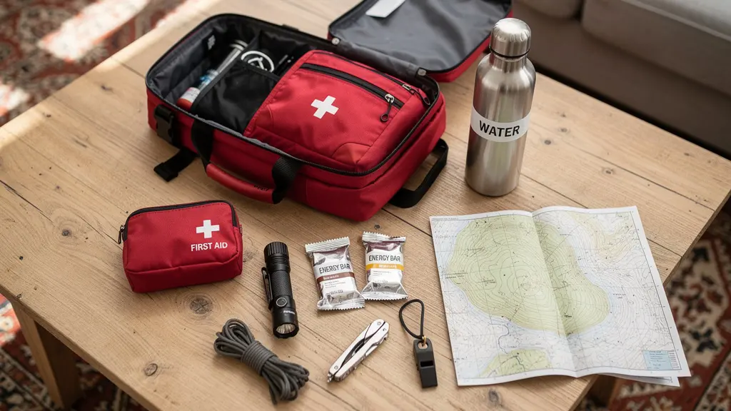 Contenu d'un sac d'évacuation 72h étalé sur une table en bois