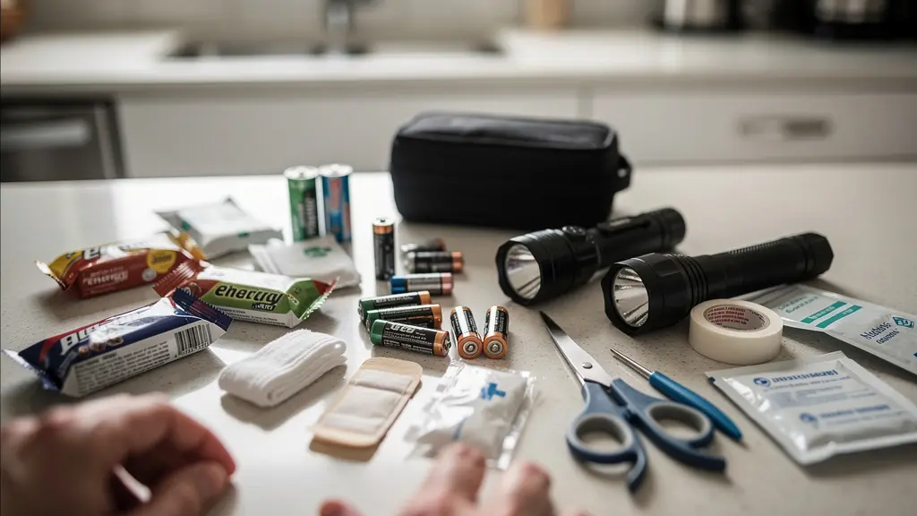 Inspection du contenu d'un kit d'urgence familial sur une table