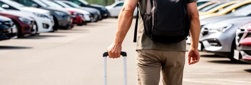 Voyageur tirant sa valise dans un parking aéroport Roissy au petit matin